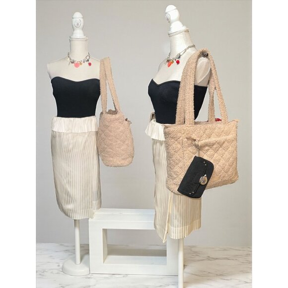 Vera Bradley Vera Tote Beige Ginger Snap Fleece Boucle Shoulder Bag + ID Wallet - Picture 2 of 14